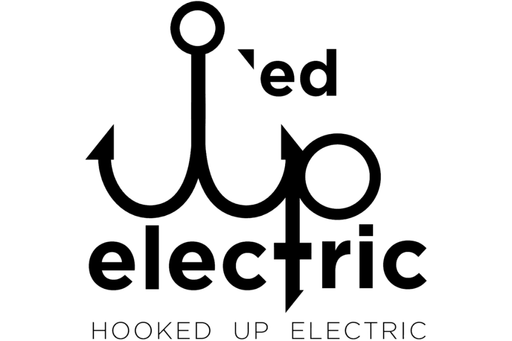Logo for Hooked Up Electric. The design features the word "Hooked" stylized to resemble a fishing hook, followed by the words "Up Electric" in a bold, modern font. The entire design is in black against a transparent background, perfect for an Electrical Contractor in Taylor County.