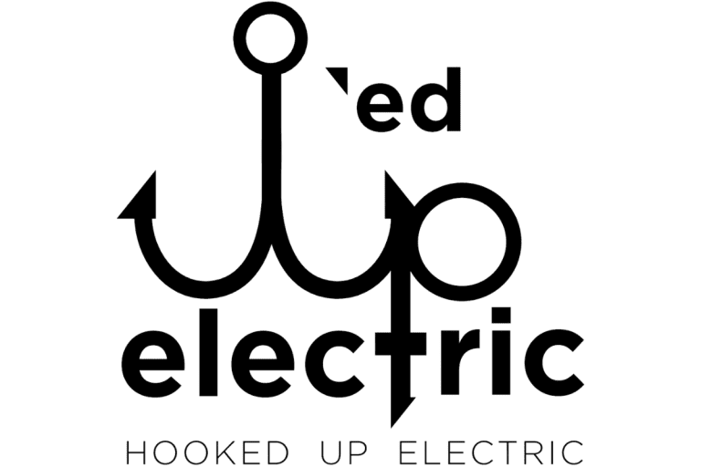 Logo for Hooked Up Electric. The design features the word "Hooked" stylized to resemble a fishing hook, followed by the words "Up Electric" in a bold, modern font. The entire design is in black against a transparent background, perfect for an Electrical Contractor in Taylor County.