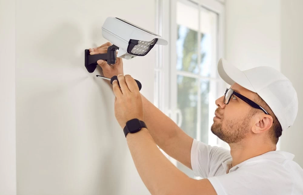 A person wearing a white cap and glasses uses a screwdriver to install a security camera on a white wall near a window. They are focused on securing the camera, which is directed towards the interior, ensuring it complements the nearby security lighting for enhanced safety.