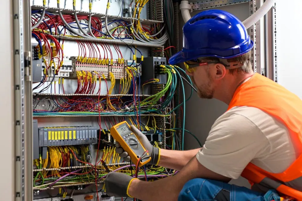A technician in a blue hard hat and orange vest conducts electrical inspections, using a multimeter to test the wiring in an open control panel filled with colorful wires and components.