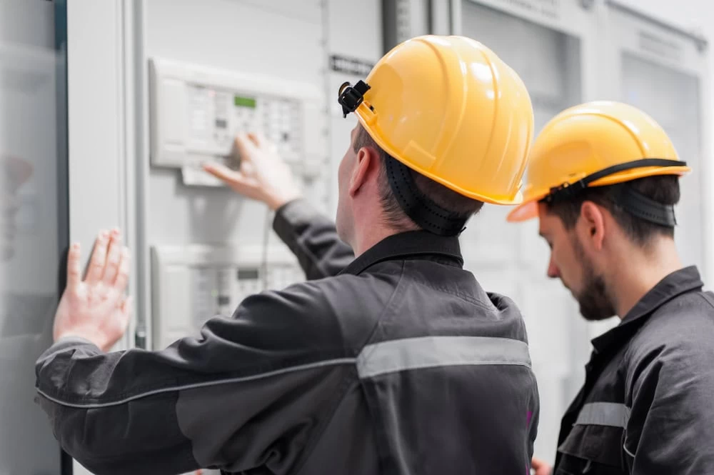 Two workers in safety helmets examine a control panel. One adjusts settings while the other observes. Both wear dark uniforms with reflective strips. The background features several similar panels.