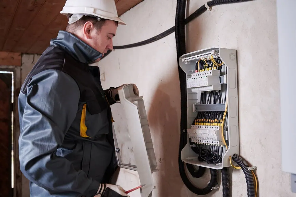 A person in a hard hat and work jacket is installing or inspecting an electrical panel on a wall. They are holding the panel cover with one hand and a tool with the other, focusing on the wiring inside.