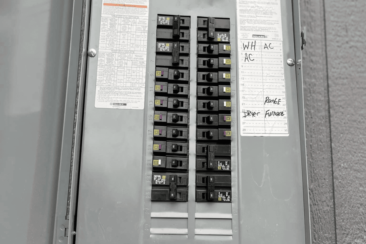 10 an Electrical Breaker Panel with Multiple Circuit Switches Expertly Organized by Electricians is Labeled for Various Appliances and Rooms Including Wh Ac Range Dryer and Furnace a Handy List is Taped on the Door for Quick Reference