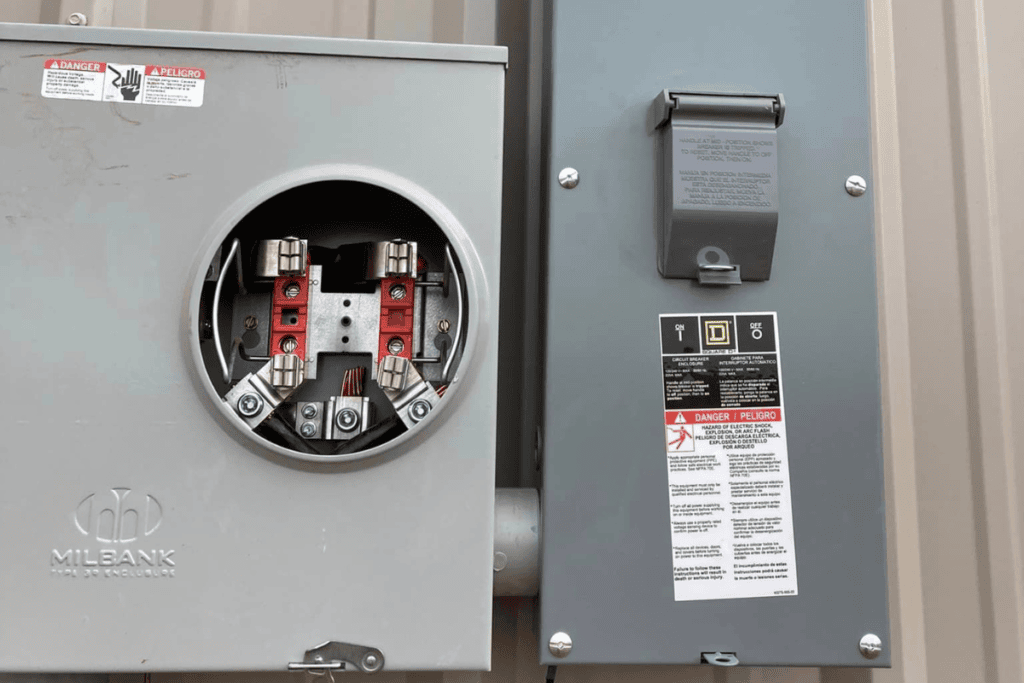 A gray electrical panel features an open meter socket on the left and a closed circuit breaker box on the right, ideal for inspections by electricians. Warning labels and brand names are visible on both components, with the setup securely mounted on a metal wall.