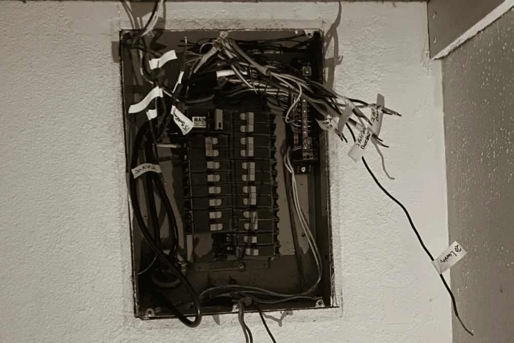 An open electrical panel with numerous exposed wires, some labeled with tape, stands waiting for skilled electricians. The panel is embedded in a wall, surrounded by a light-colored surface. The tangled wires seem disconnected from the circuit breakers inside.
