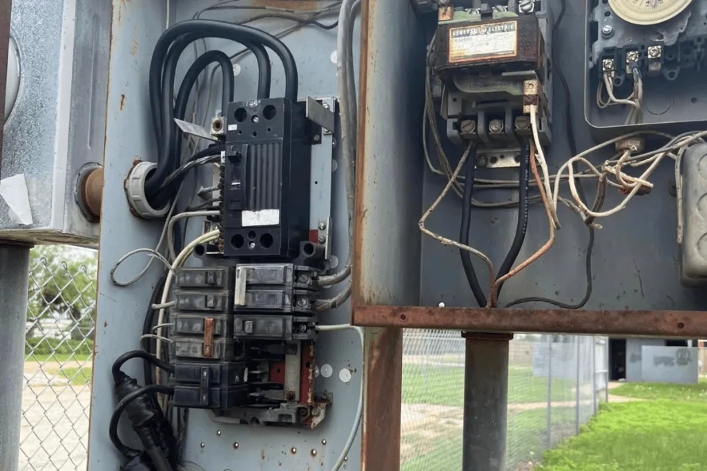 An open electrical panel with multiple black cables and circuit breakers awaits the expertise of electricians. Wires connect to various switches and components, with a slightly rusted section visible. A fence and grass blur in the background, hinting at its outdoor location.