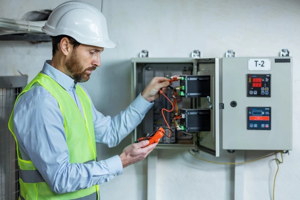 An electrician wearing a white hard hat and yellow safety vest uses a multimeter to test wiring inside an open electrical control panel, showcasing the skilled work of electricians in Taylor County, TX.