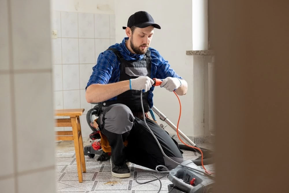A man wearing work clothes and gloves kneels on a tiled floor while repairing or assembling an electrical device, holding cables and using tools in a bright indoor room—representing skilled electricians in Taylor County, TX.
