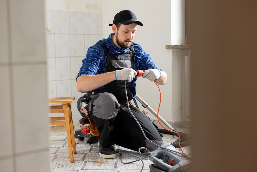 A man wearing work clothes and gloves kneels on a tiled floor while repairing or assembling an electrical device, holding cables and using tools in a bright indoor room—representing skilled electricians in Taylor County, TX.