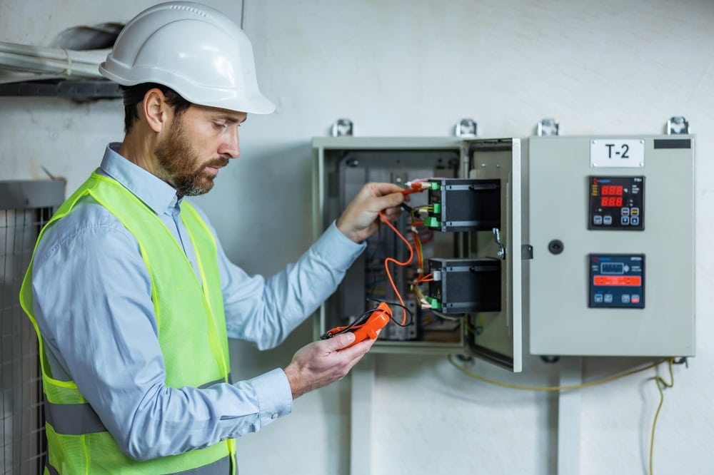 An electrician wearing a white hard hat and yellow safety vest uses a multimeter to test wiring inside an open electrical control panel, showcasing the skilled work of electricians in Taylor County, TX.
