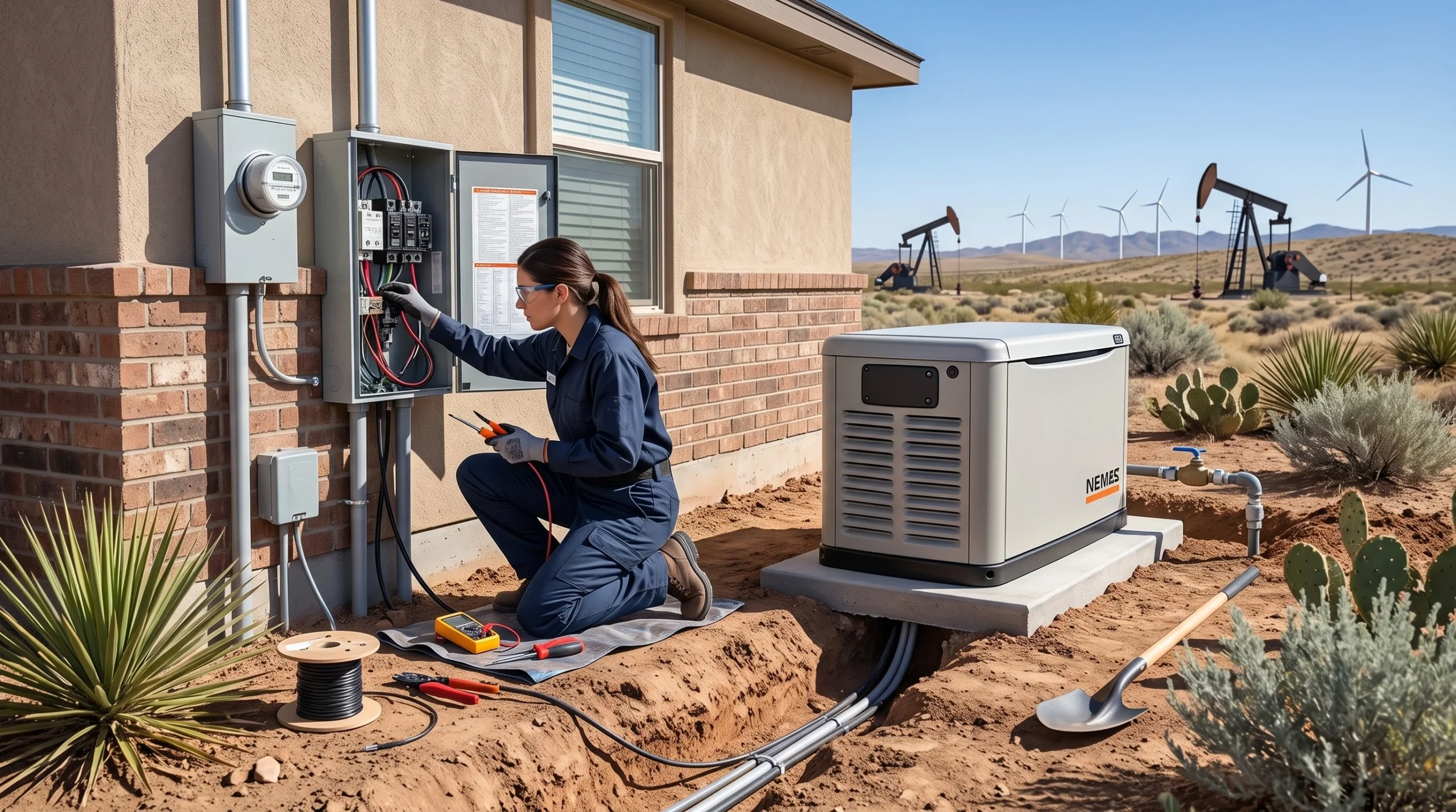 a Woman Connects Wires to an Electrical Panel While Installing a Home Backup Generator Outside Her House Whole house Standby Generator Installed on a Concrete Pad Beside a West Texas Home