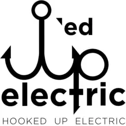 Logo for "Hooked Up Electric." The logo features the word "electric" in lowercase letters, with "Hooked Up" creatively designed where the "H" and "U" resemble fishing hooks. The tagline "HOOKED UP ELECTRIC" is written at the bottom.